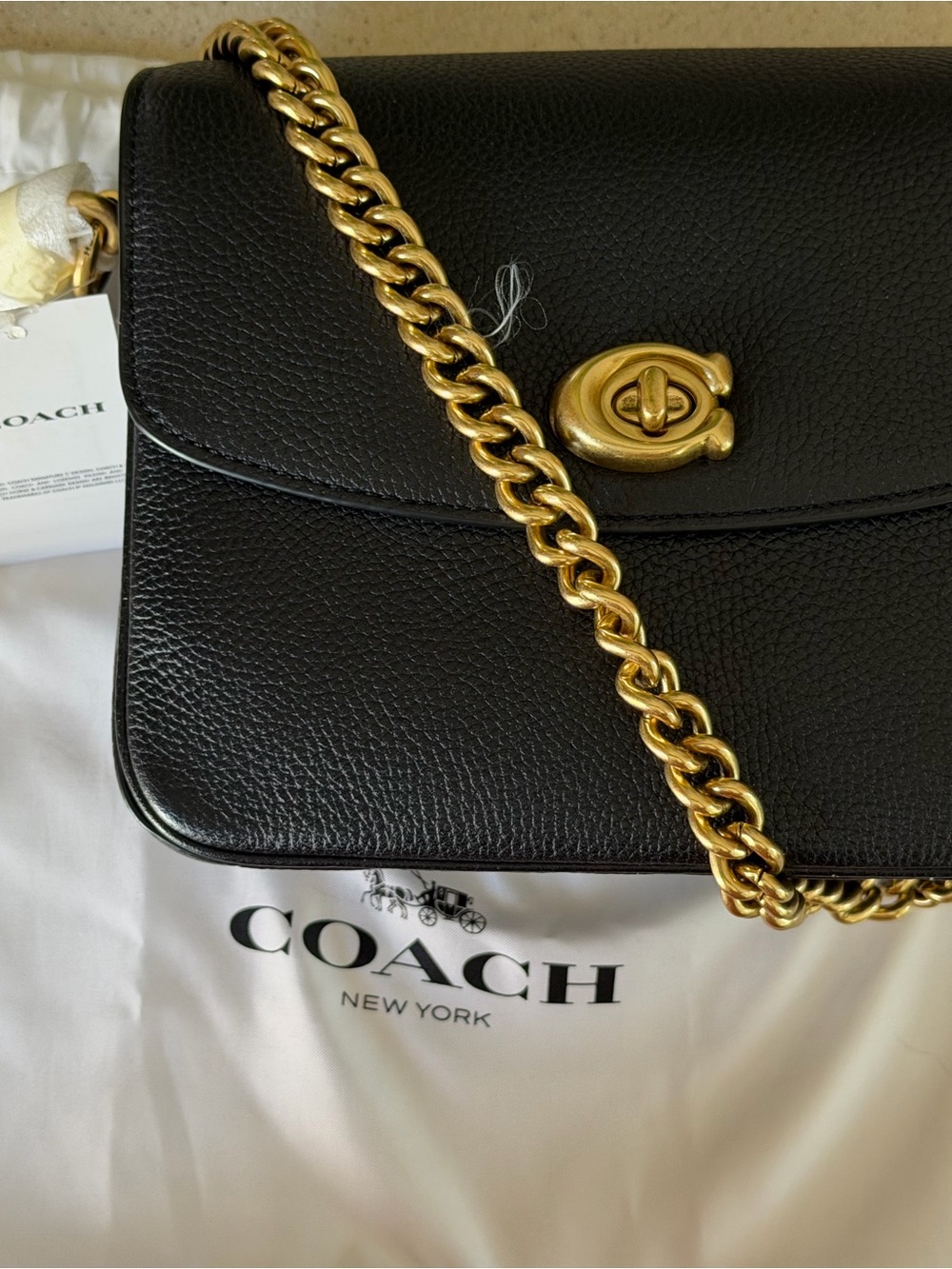 Coach Black Pebble Leather Crossbody with Gold Chain and Turnlock